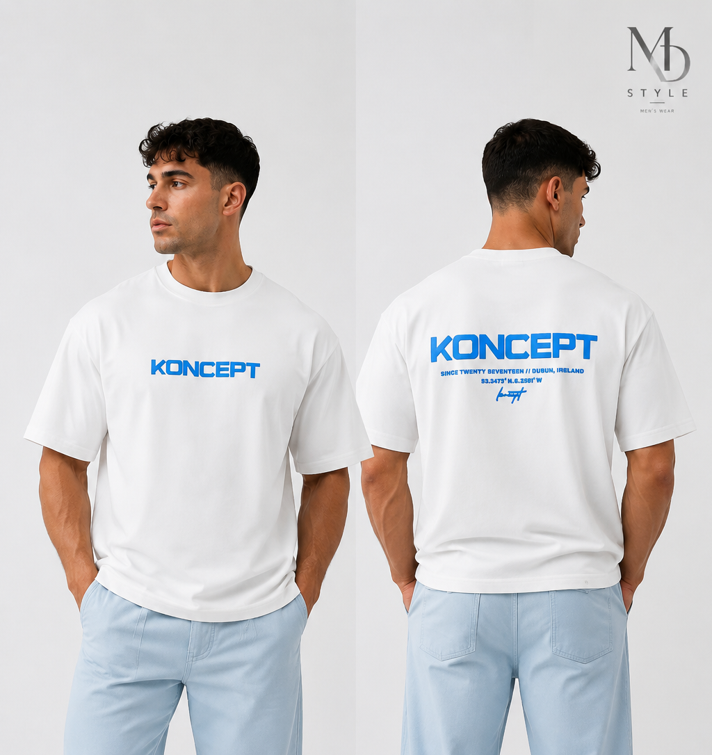 تیشرت لش مردانه سفید طرح KONCEPT آبی