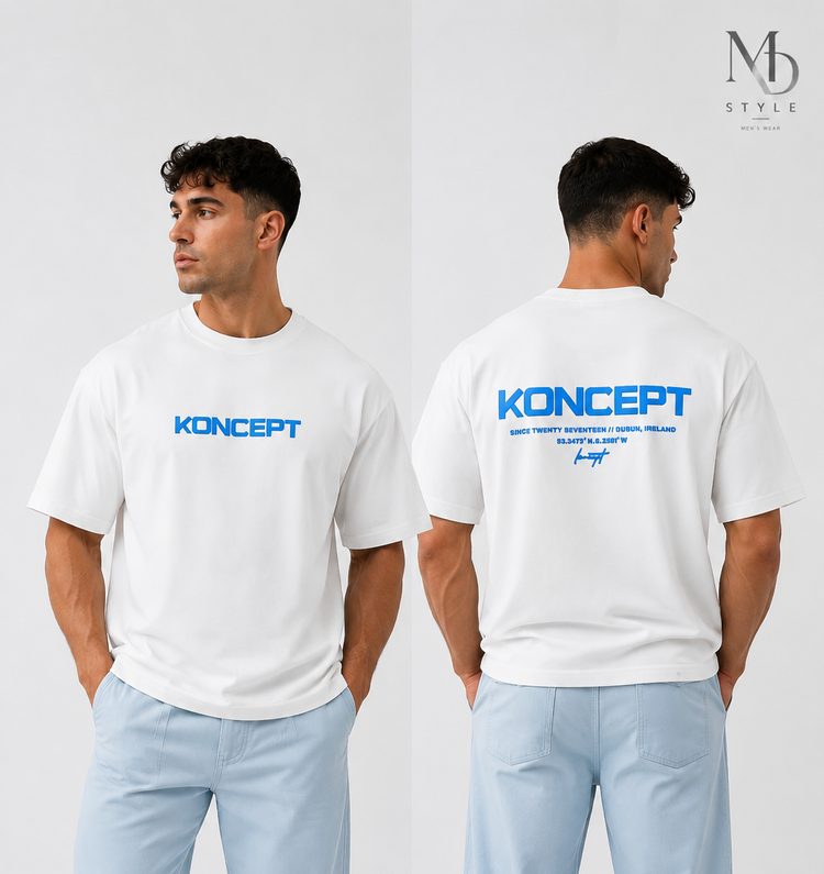 تیشرت لش مردانه سفید طرح KONCEPT آبی
