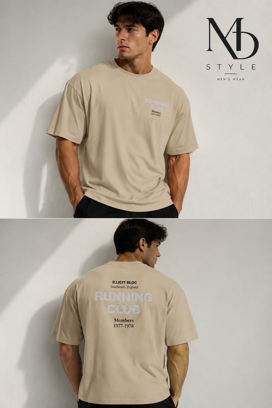 تیشرت لش مردانه کرم طرح RUNNING CLUB