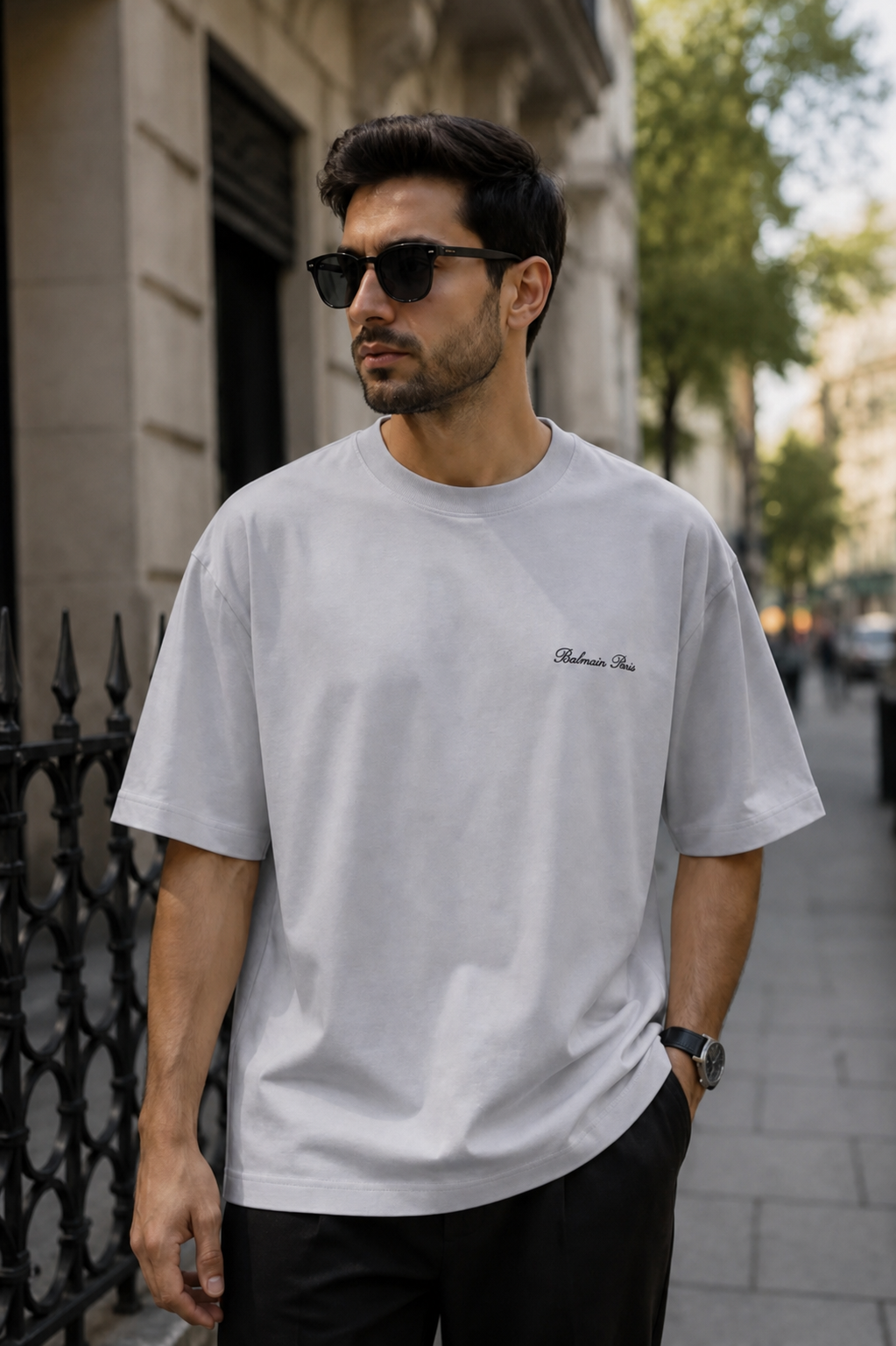 تیشرت لش مردانه طوسی روشن مدل مینیمال Balmain Paris