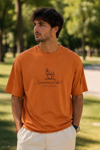 تیشرت مردانه لش نارنجی باکسی مدل Equestrian Club