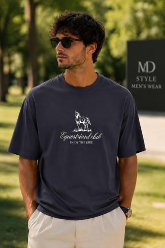 تیشرت مردانه لش طوسی باکسی مدل Equestrian Club