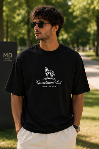 تیشرت مردانه لش مشکی باکسی مدل Equestrian Club