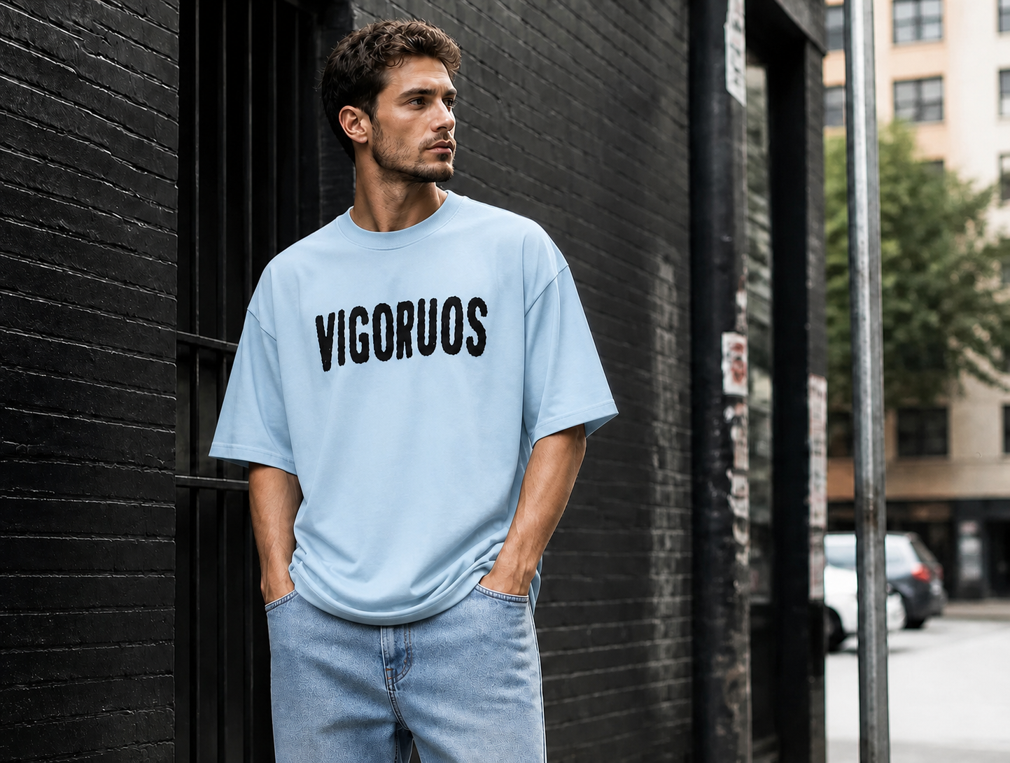 تیشرت مردانه اورسایز آبی روشن طرح VIGORUOS