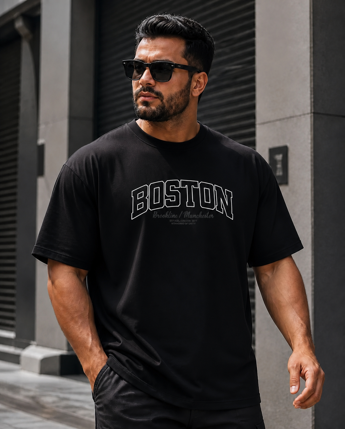تیشرت باکسی مردانه طرح BOSTON رنگ مشکی