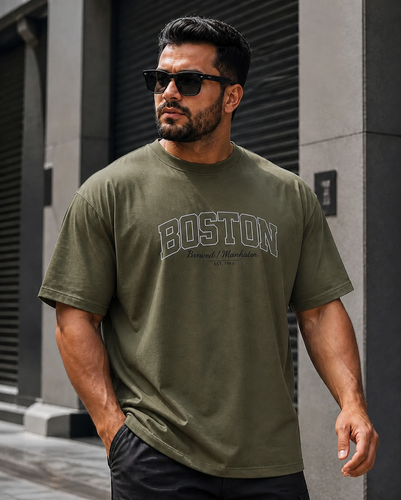 تیشرت باکسی مردانه طرح BOSTON رنگ سبز زیتونی