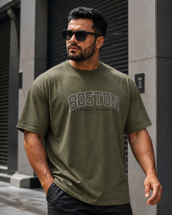 تیشرت باکسی مردانه طرح BOSTON رنگ سبز زیتونی