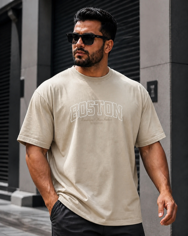تیشرت لش مردانه طرح BOSTON رنگ کرم
