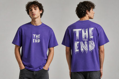 عنوان (SEO): تیشرت باکسی مردانه طرح THE END بنفش | چاپ بزرگ در پشت لباس