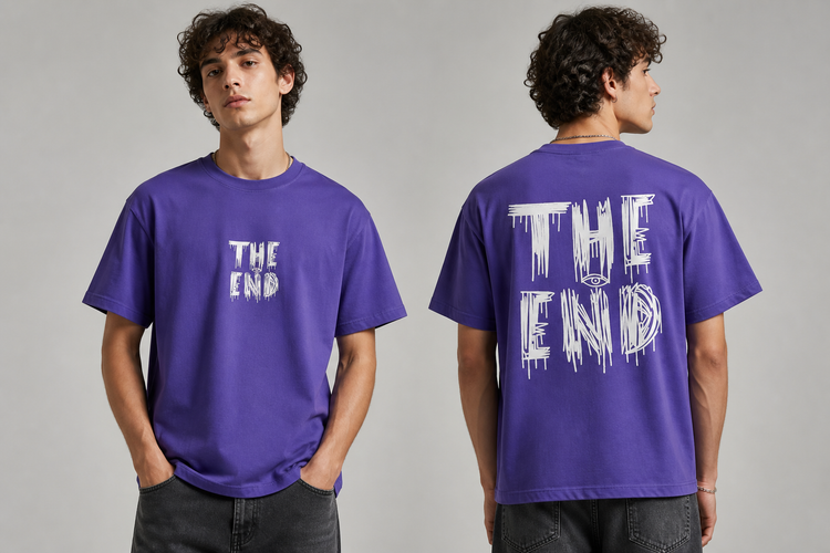 عنوان (SEO): تیشرت باکسی مردانه طرح THE END بنفش | چاپ بزرگ در پشت لباس