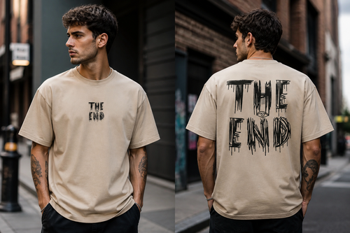 تیشرت باکسی کرم طرح THE END | چاپ در پشت لباس