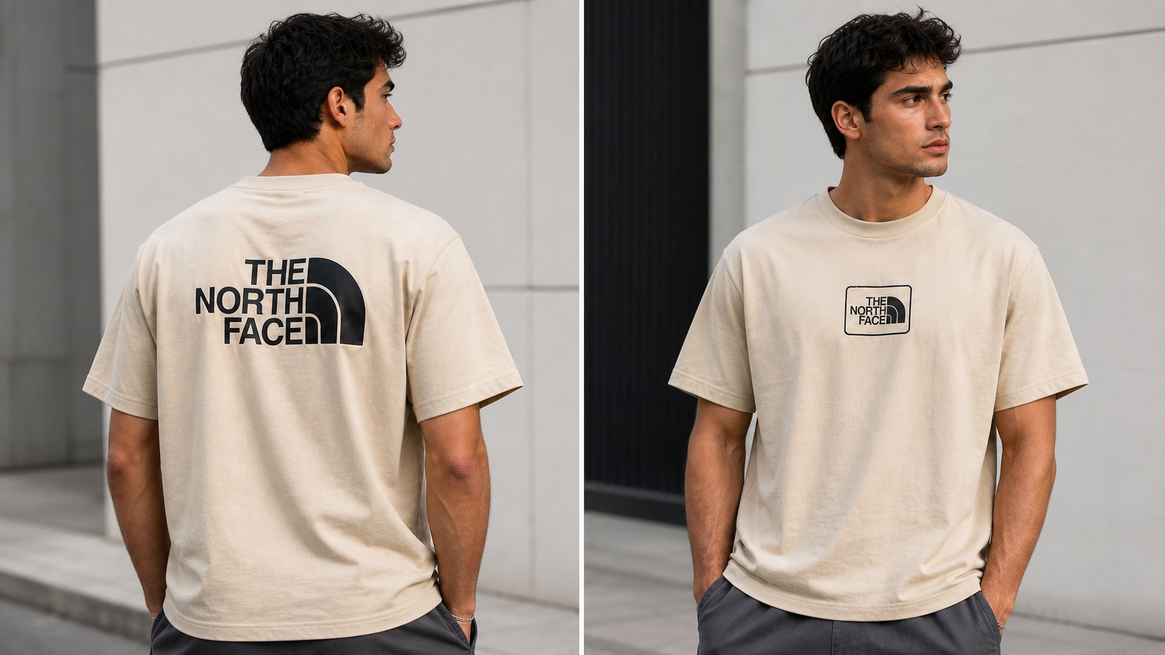 تیشرت باکسی مردانه طرح The North Face | رنگ کرم استخوانی | چاپ پشت مینیمال