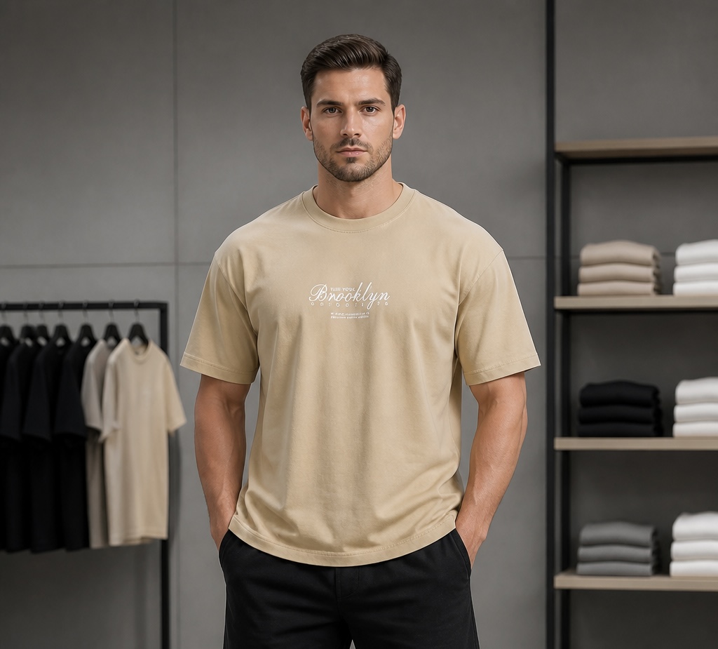 تیشرت باکس فیت مردانه کرم روشن طرح Brooklyn