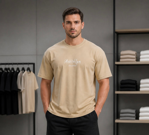 تیشرت باکس فیت مردانه کرم روشن طرح Brooklyn
