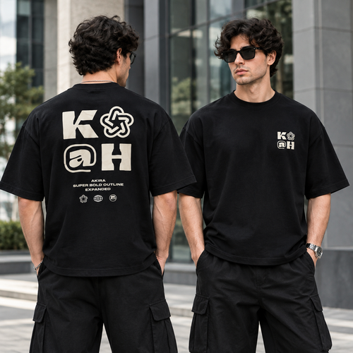 تیشرت مردانه مشکی طرح K@H با تنخور باکسی - وارداتی