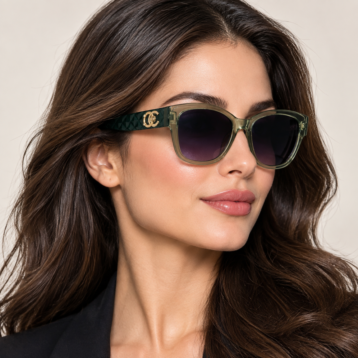عینک آفتابی زنانه مدل لوکس با فریم زیتونی و جزئیات طلایی