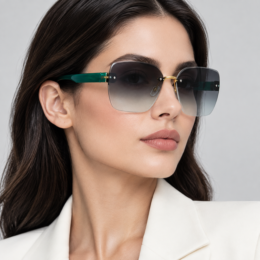 عینک آفتابی بدون فریم (Rimless) زنانه با دسته سبز یشمی و لنز گرادینت دودی