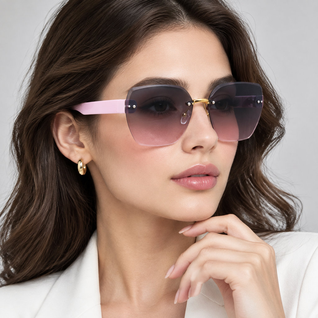 عینک آفتابی زنانه فریم‌لس با لنز گرادیانت دودی‌یاسی و دسته صورتی
