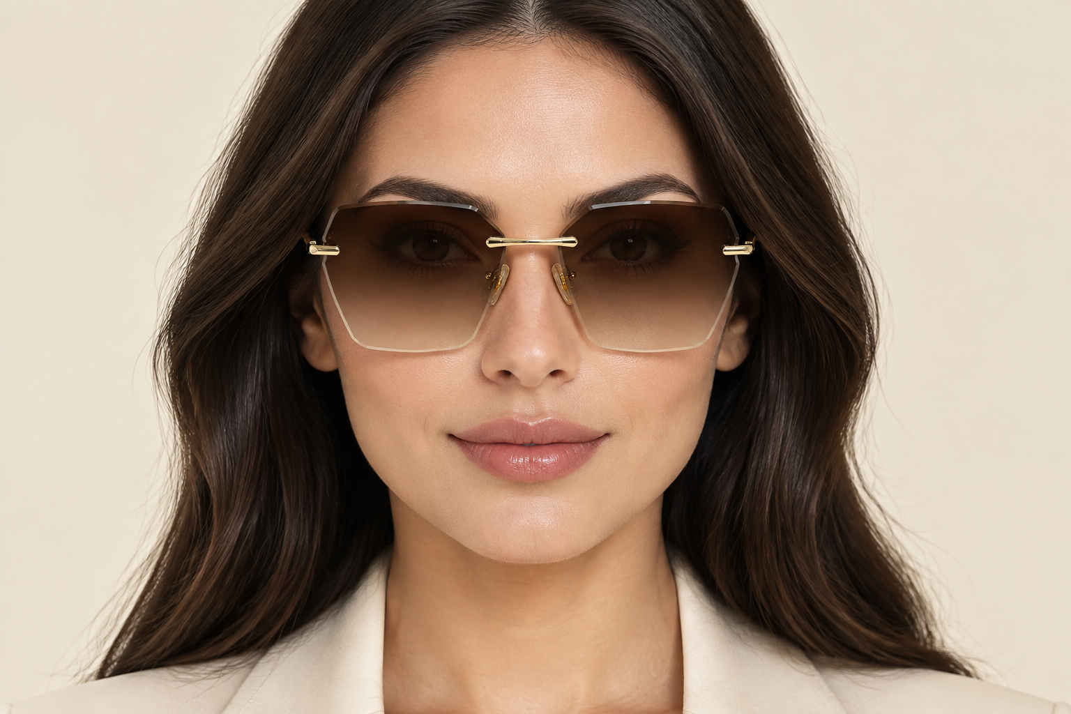 عینک آفتابی فریم‌لس زنانه لنز گرادیانت قهوه‌ای و دسته طلایی دکوراتیو