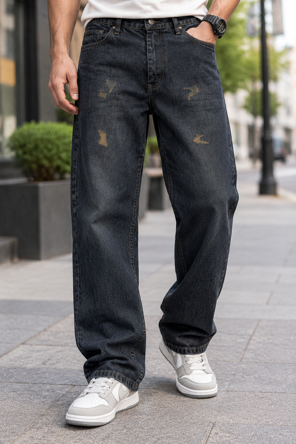 شلوار جین مردانه نیم‌بگ سرمه‌ای تیره | جین زاپ‌دار فیت راسته وینتیج-کد۰۶